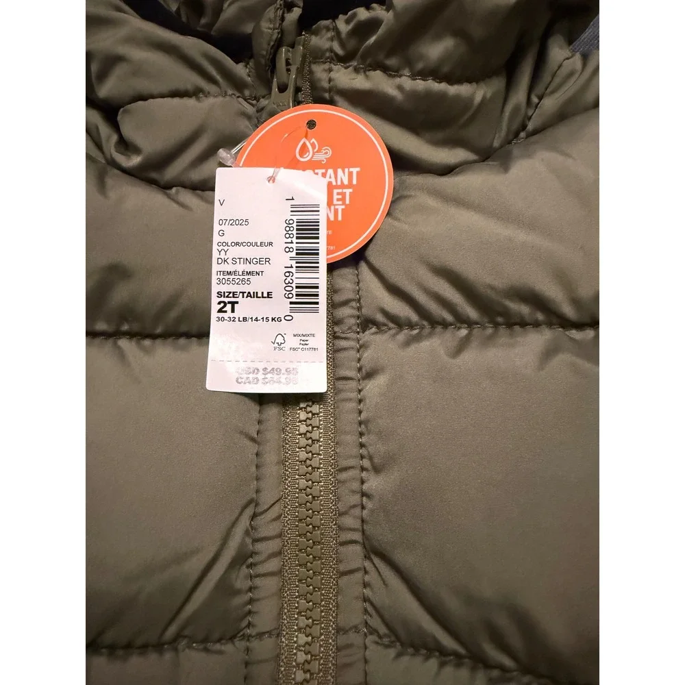 The Childrens Place Toddler Puffer Jacket Olive Green Water Resistant 2T 3055265